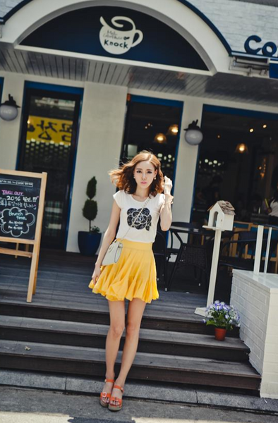 로맨틱 거즈 스커트 清新淡黃海藍層次飄逸短裙/裙