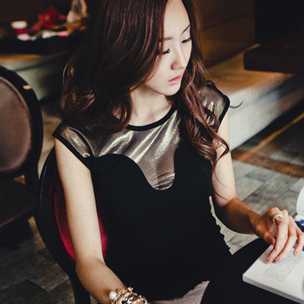 포일 망사 나시티 淑女純黑拼金銀連身裙/短裙/裙